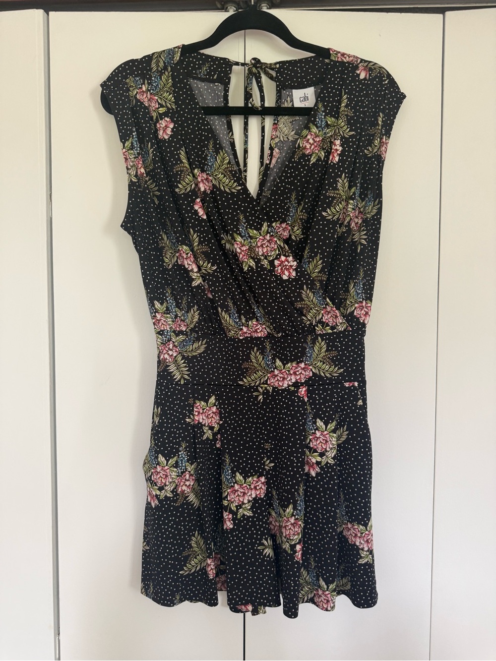 CAbi Black Floral Polka Dot Wrap Romper
